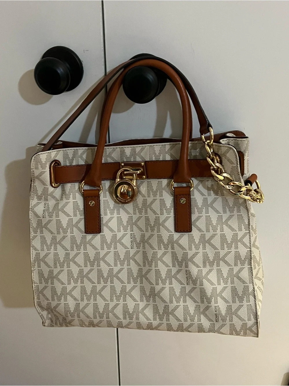 Michael Kors Cream MK Signature Satchel with Brown Trim and Gold Hardware